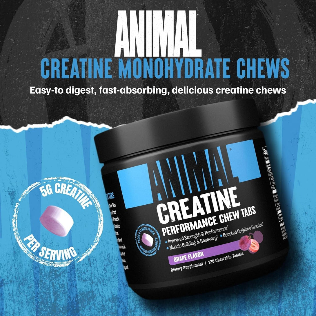 Animal Creatine Chews Tablets - Enhanced Creatine Monohydrate with Astragin to Improve Absorption, Sea Salt for Added Pumps, Delicious and Convenient Chewable Tablets - Grape