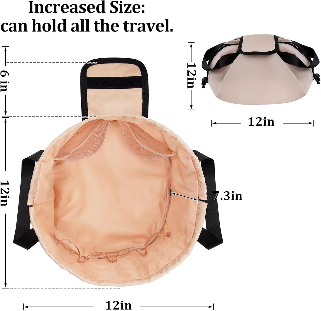Barrel Drawstring Makeup Bag Large Travel Makeup Bag,Portable Large Capacity Cosmetic Bag Toiletry Organizer for Travel Accessories Make up Essentials and Hair Product,Gifts (Khaki)