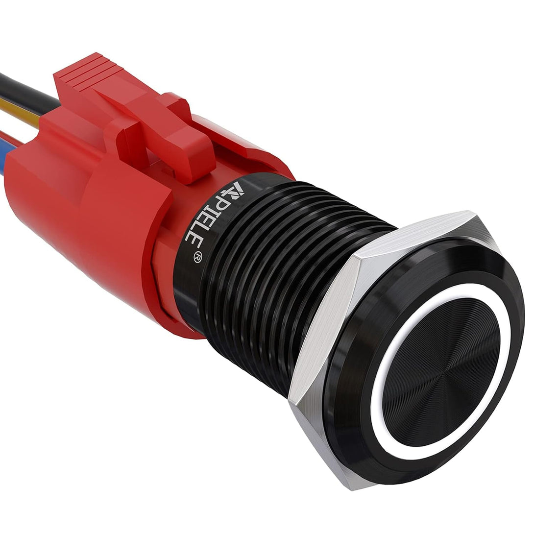 APIELE 10 Amp 16Mm Latching Push Button Switch 12V Angel Eye LED Waterproof round Self-Locking 1NO (Black Aluminum, White)