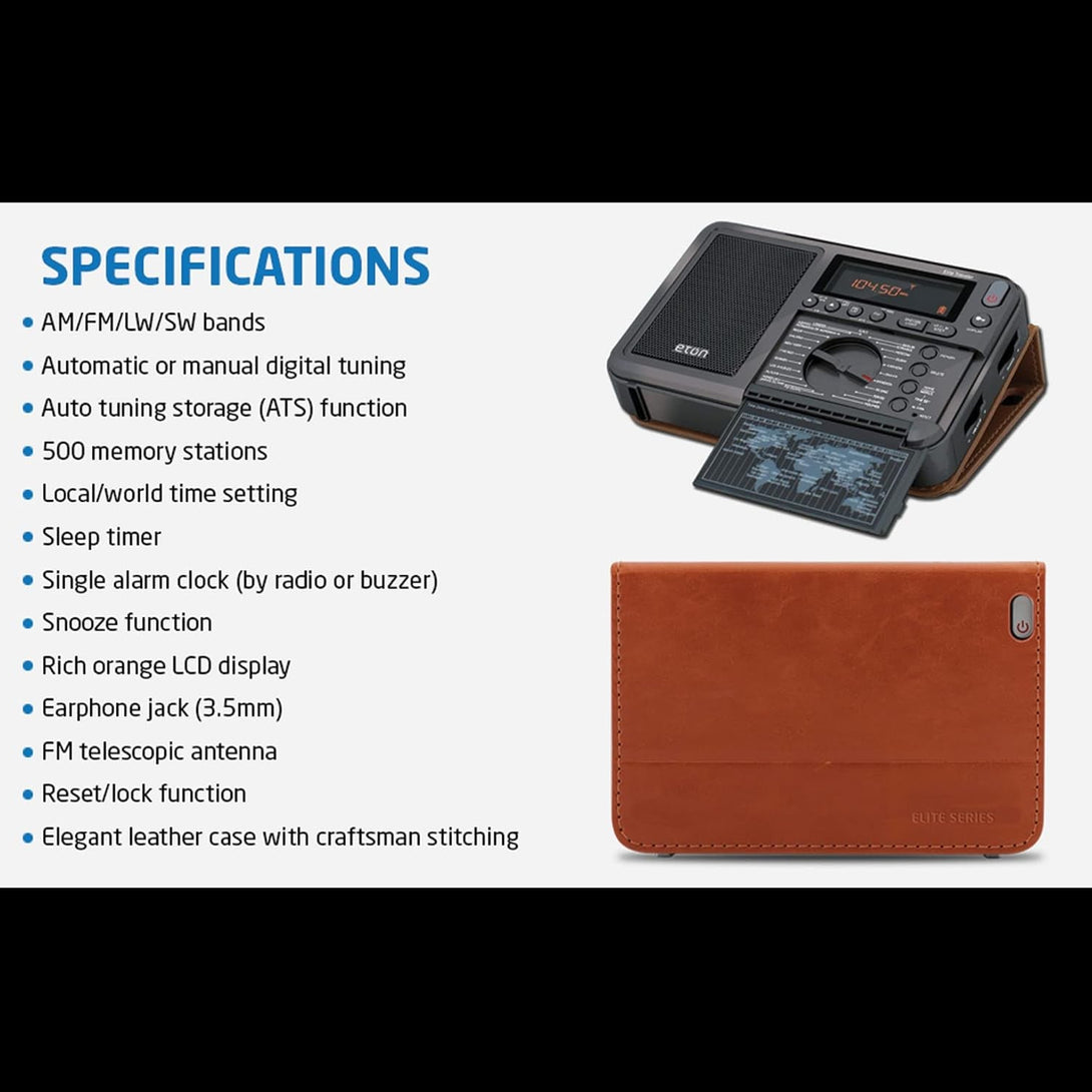 Eton Elite Traveler AM/FM, Longwave, Shortwave Radio with RDS, World Clock, 500 Stations, Dial Tuning, Alarm, Sleep Timer, Leather Case, Portable International Radio with High-Contrast LCD