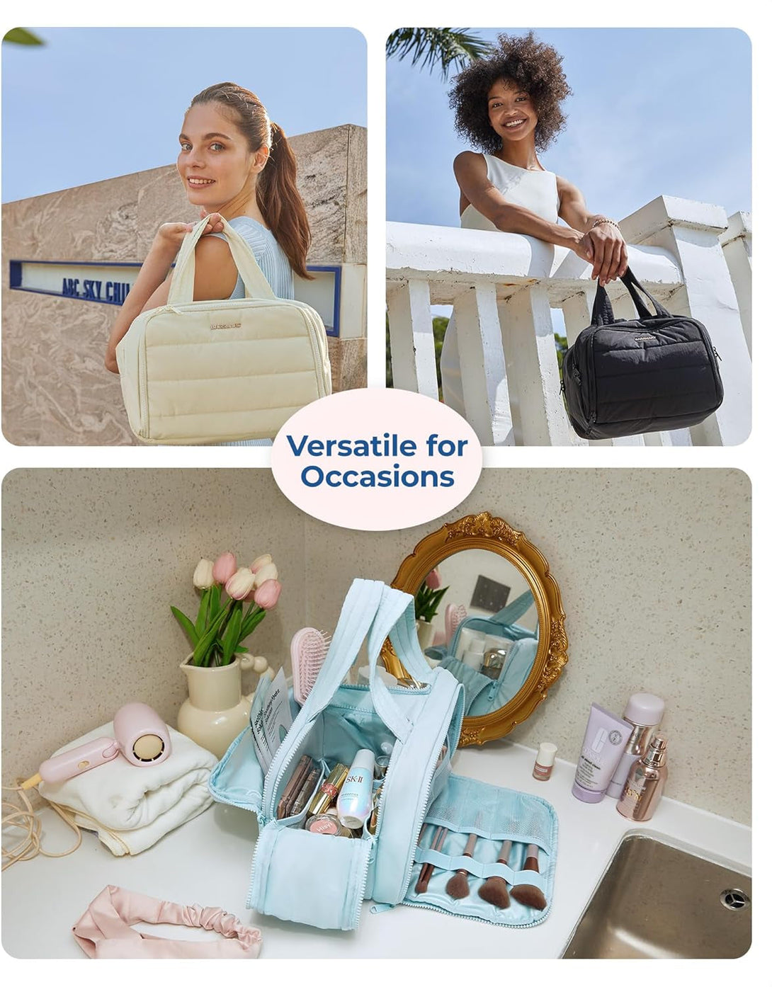 BAGSMART Travel Toiletry Bag, Lightweight Large Wide-Open Travel Bag for Women, Puffy Cosmetic Makeup Bag Organizer with Handle for Accessories,Essentials, Toiletries, Blue