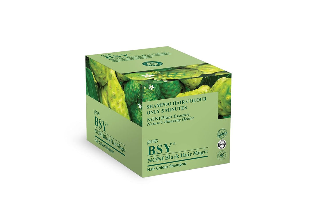 BSY Noni Black Hair Magic Hair Color Shampoo (12Ml X 6 Sachets) | Ammonia-Free Natural Permanent Hair Color for Men and Women | 5 Minutes Noni Fruit Dye