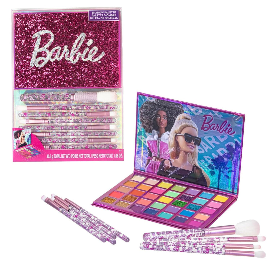 Barbie 35-Well Shadow Palette, Shimmery and Opaque Colors, Pigmented Blendable, 8 Application Brushes Ages 8+, Perfect for Parties, Sleepovers & Makeovers, by Townley Girl