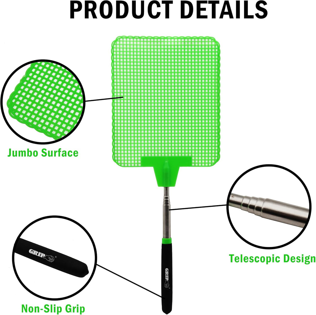 Grip Super Jumbo Telescopic Fly Swatter - 6.5" X 7.5" - Extends to 39" L - Bugs, Flies, Mosquitoes, Bees, Wasps