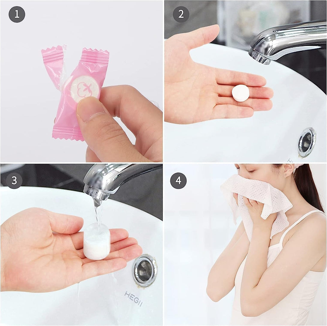Classycoo Compressed Towel 100 PCS Mini Tablets Disposable Portable Face Towel Cotton Coin Tissue Eco-Friendly for Travel, Camping, Hiking, Sport, Beauty, Home Hand Wipes, Outdoor Activities Pink