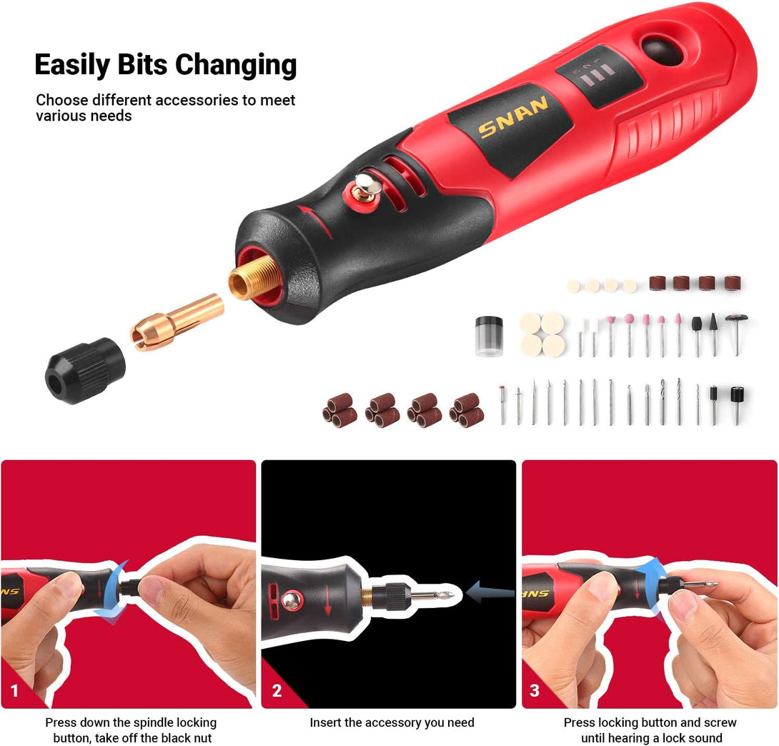 SNAN Cordless Rotary Tool Kit,1500Mah with 80 Accessories 3.7V Li-Ion,Mini Portable Rotary Tool, USB Charging, for Delicate & Light DIY Small Projects