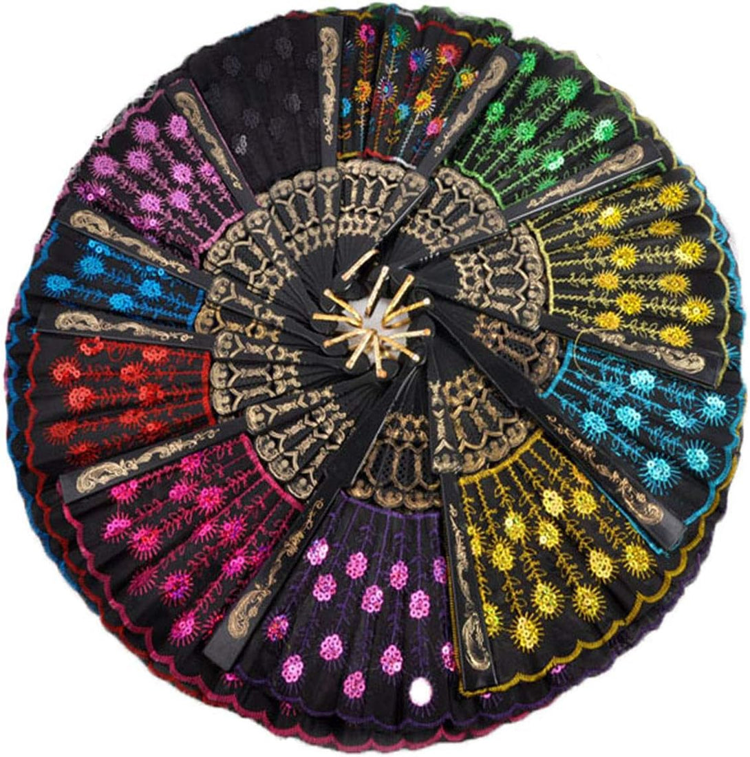 10 PCS Peacock Hand Fans, Spanish Folding Hand Fan, Flower Dancing Fans,Summer Handheld Folding Fans Party Favors for Girls Women (Embroidered Peacock Tail Pattern)