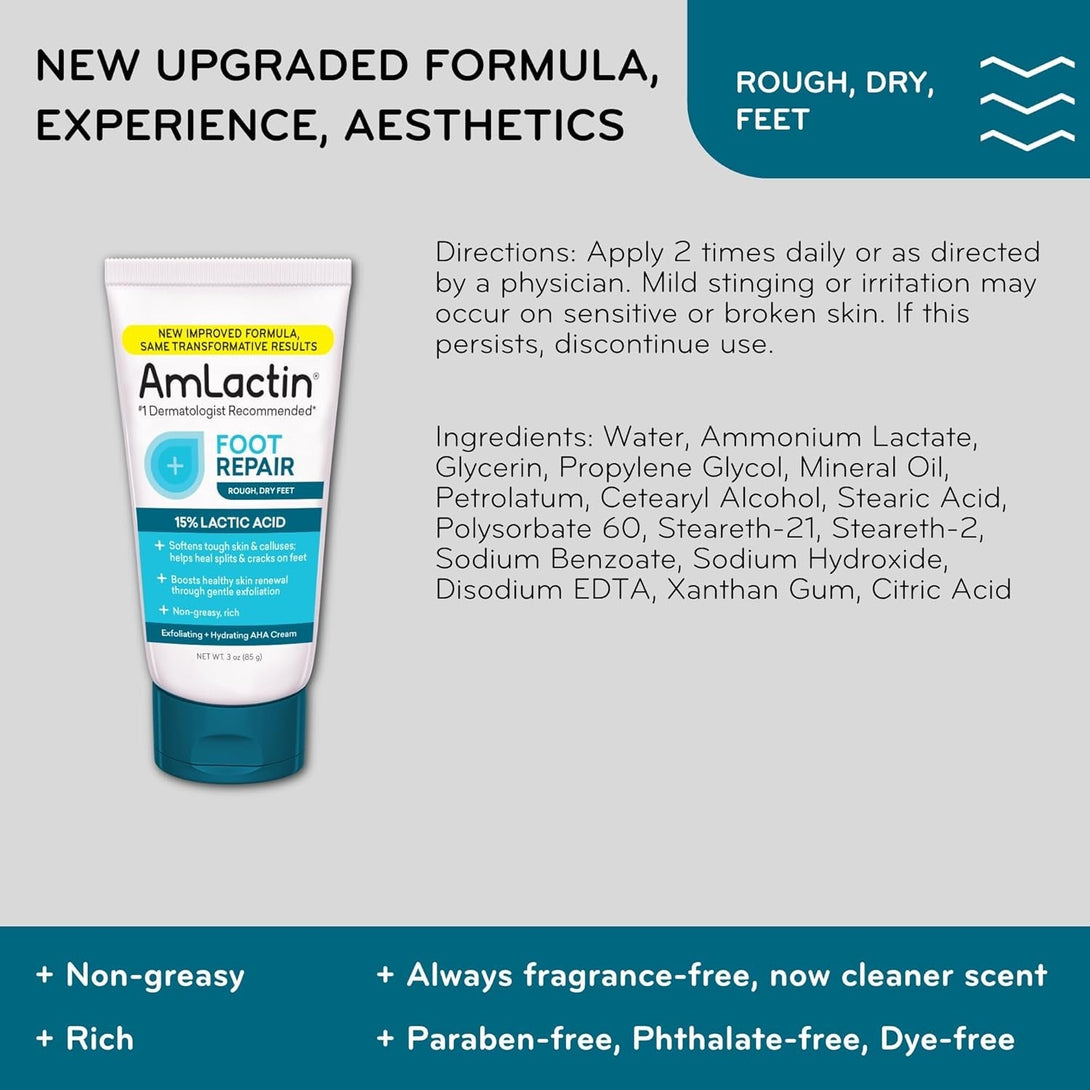 Amlactin Foot Repair Cream - 3 Oz Cream for Dry Cracked Heels with 15% Lactic Acid - Exfoliator and Moisturizer for Dry Skin (Packaging May Vary)