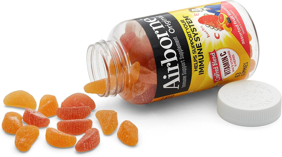 Airborne 750Mg Vitamin C Gummies for Adults, Immune Support Gummies with Powerful Antioxidants VIT C & E, Caffeine Free - 2X63Ct Bottle (42 Servings), Assorted Fruit Flavor