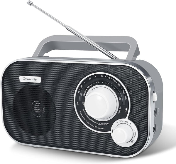 Dreamsky AM FM Portable Radio Plug in Wall or Battery Operated for Home & Outdoor, Strong Reception & Sound, Large Dial Easy to Use, Transistor Antenna, Headphone Jack, Small Gifts for Seniors Elderly