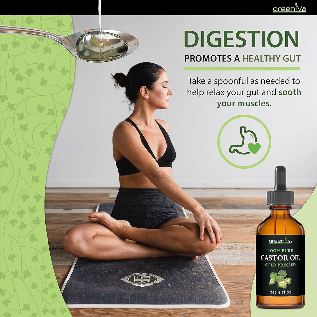 Greenive Castor Oil Organically Grown 100% Pure 4 Fl Oz Bottle Cold Pressed, Hexane Free, Eyelash and Eyebrow Growth Serum, Skin Moisturizer Detox and Wraps