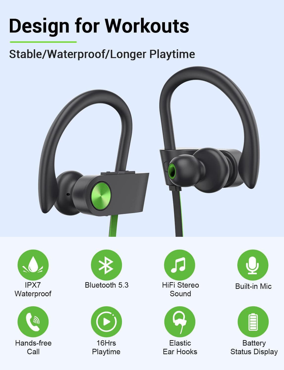 Stiive Bluetooth Headphones, 5.3 Wireless Sports Earbuds IPX7 Waterproof with Mic, Stereo Sweatproof In-Ear Earphones, Noise Cancelling Headsets for Gym Running Workout, 16 Hours Playtime - Greenblack