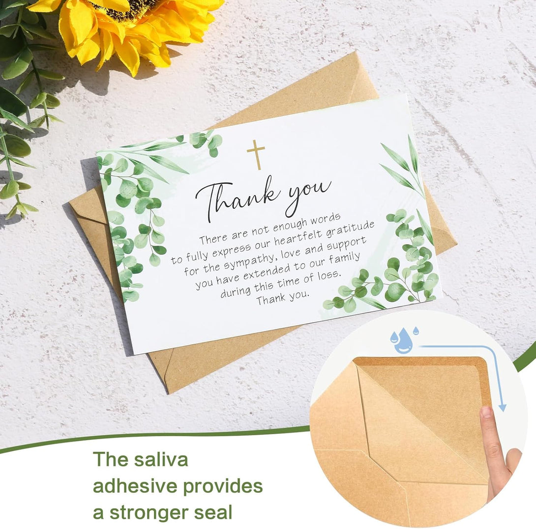 50Pcs Funeral Sympathy Thank You Cards with Envelopes and Matching Seal Stickers, Green Leaf Cross Bereavement Card with Message for Memorial Service Loved Ones Celebration of Life