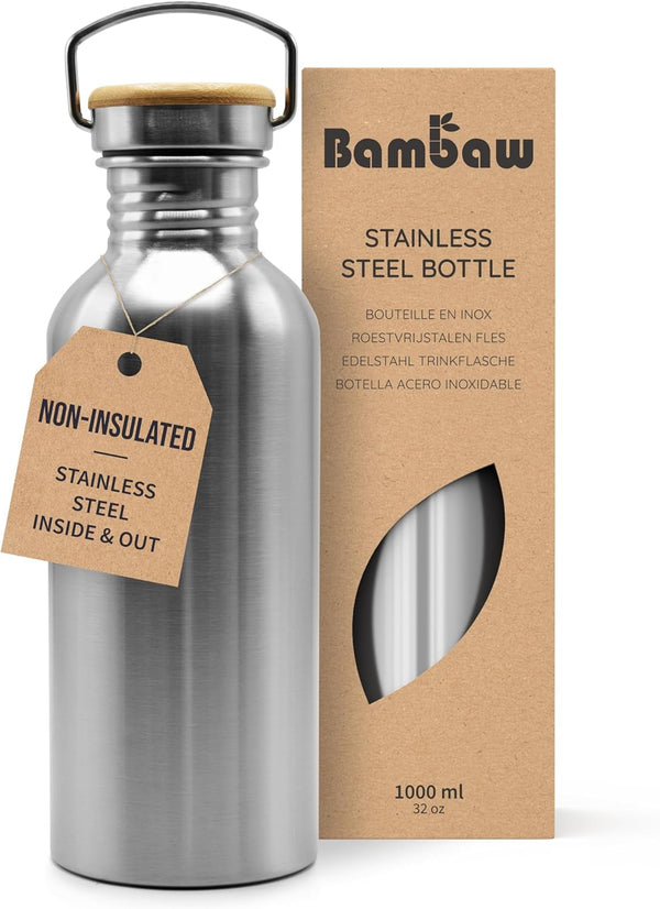 Bambaw Stainless Steel Water Bottles 32 Oz, Non-Insulated Single Wall Metal Water Bottle Stainless Steel, Reusable & Eco Friendly, Dishwasher Safe â€“ Silver