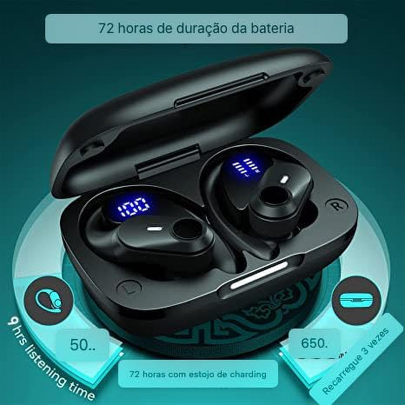 T59 Bluetooth Headphones Wireless Earbuds 72Hrs Playtime Wireless Charging Case Digital Display Sports Ear Buds with Earhook Premium Deep Bass IPX7 Waterproof In-Ear Earphones Black