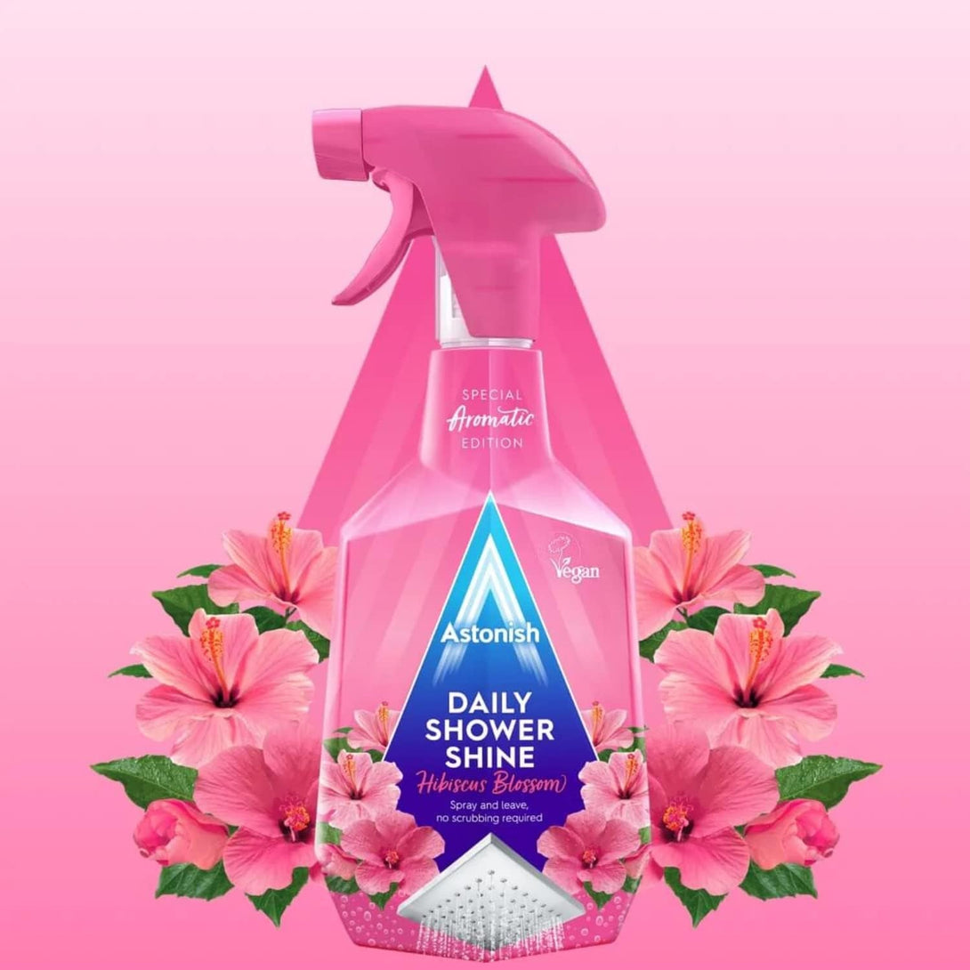 Astonish Daily Bathroom Shower Shine Cleaning Spray - Hibiscus Blossom Limescale Remover Shower Spray Prevents Watermarks from Hard Water - Health & Household Multi Purpose Cleaner 750Ml Spray Bottle