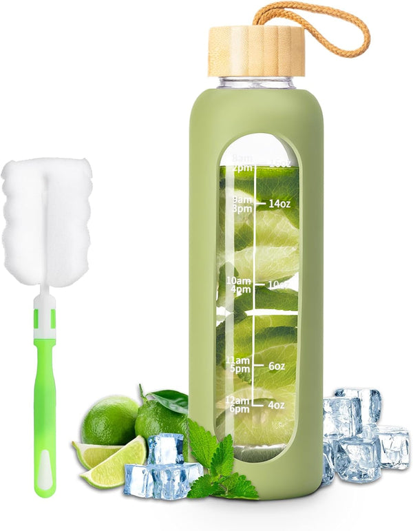 18 OZ Glass Water Bottles, Water Bottle with Time Marker, Leakproof Glass Water Bottles with Silicone Sleeves, Suitable for Offices and Gyms. (Green)