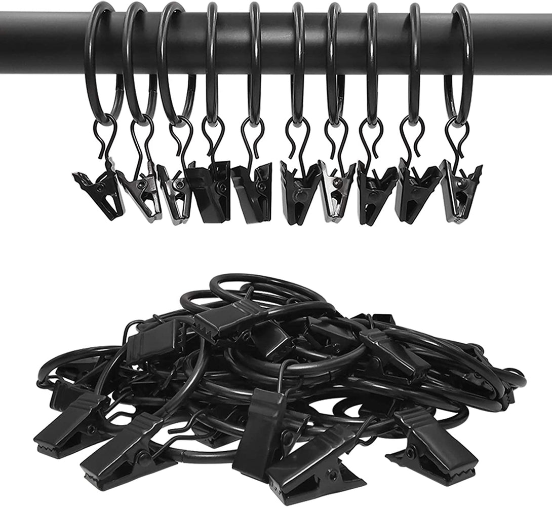 AMZSEVEN 40 Pack Curtain Rings with Clips, Drapery Clips with Rings, Drapes Rings 1.26 in Interior Diameter, Fits up to 1 in Curtain Rod, Black