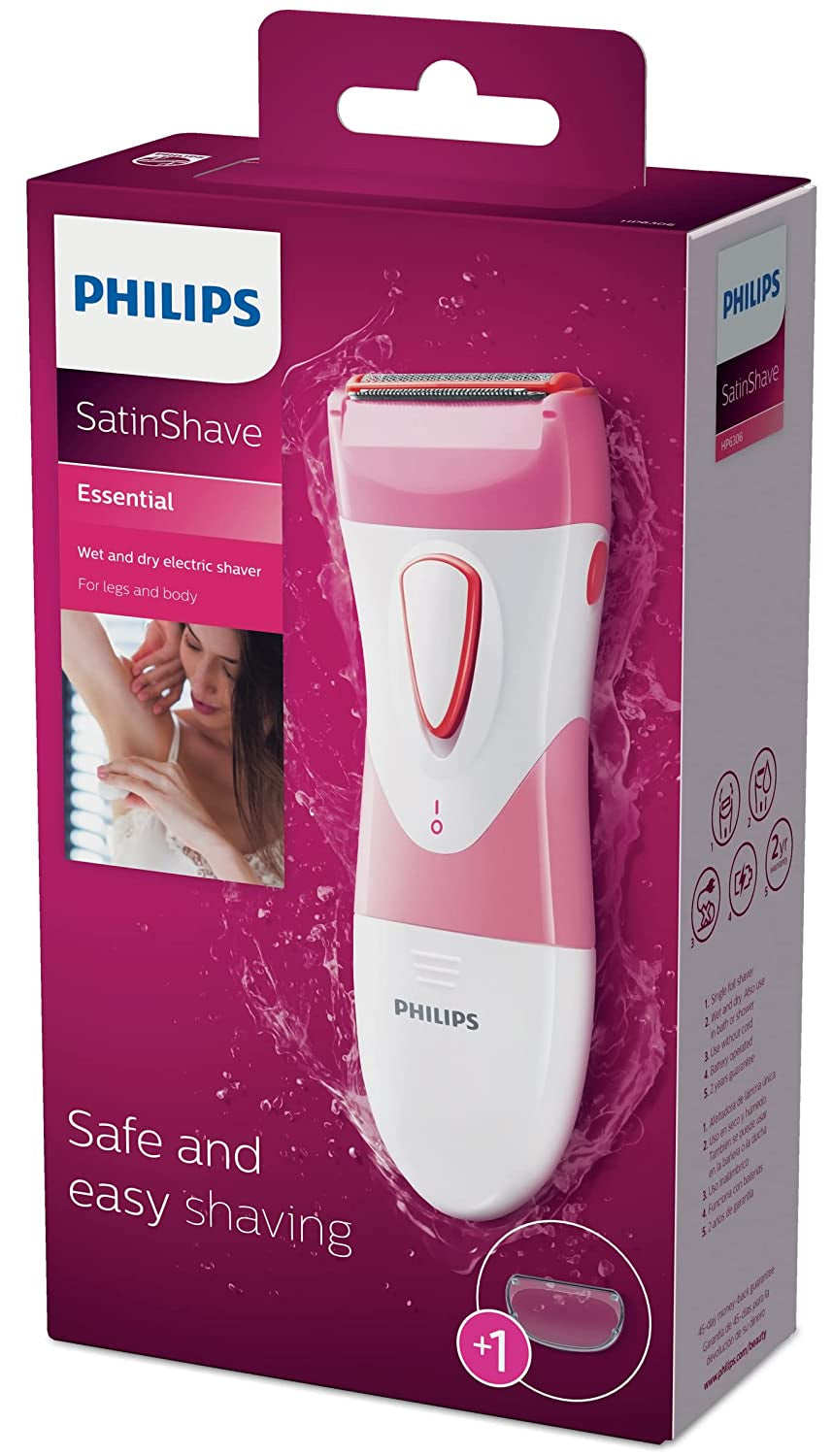 Philips Beauty Satinshave Essential Women'S Wet & Dry Electric Shaver for Legs, Cordless, Pink and White, HP6306/50