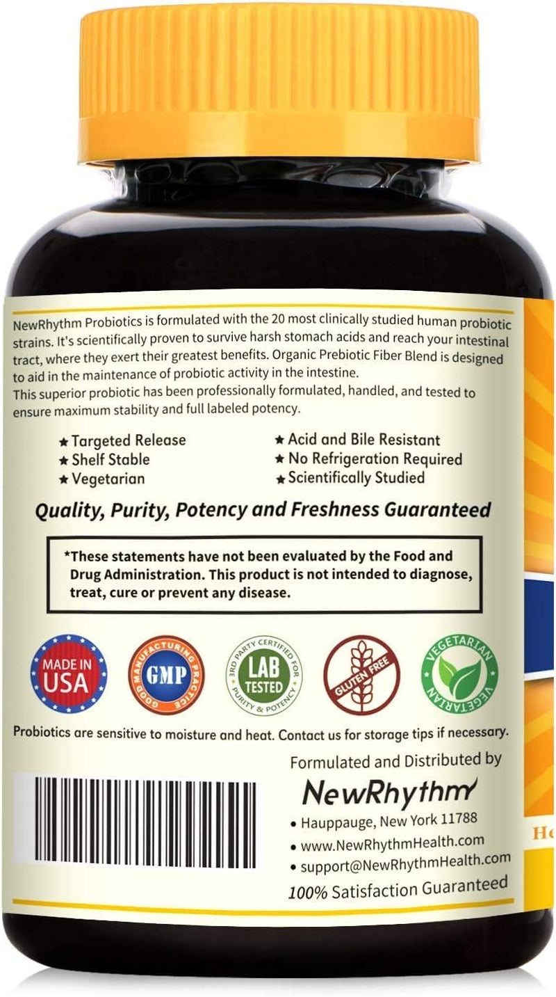 Newrhythm Probiotics 50 Billion CFU 20 Strains, 60 Veggie Capsules, Targeted Release Technology, Stomach Acid Resistant, No Need for Refrigeration, Non-Gmo, Gluten Free