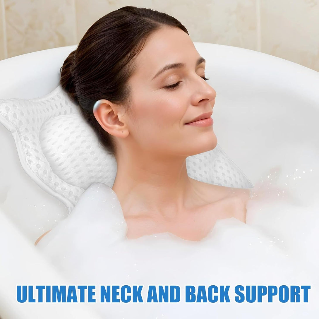 Thick Padded Ergonomic Bath Pillow for Tub, Support for Head Neck and Back, Slip-Resistant, Machine Washable Breathable Quick Dry Mesh Bathtub Headrest Pillows, Spa Rest Accessories, White