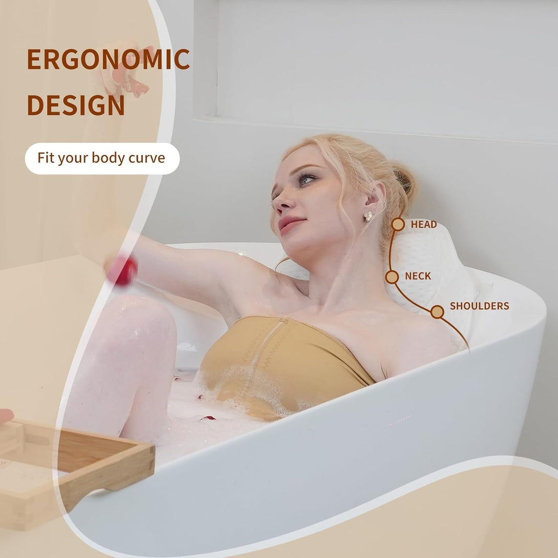 Luxury Bathtub Pillow, Mesh Bath Pillow with Suction Cups ，Bathtub Pillow for Women Relaxing, Bath Pillows for Tub Neck and Back Support,Fits All Bathtub(M002) (White)