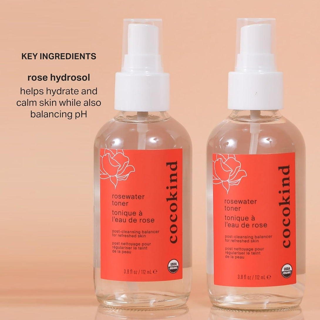 Rosewater Facial Toner by Cocokind, Multipurpose Spray to Set Makeup, Double Cleanse, and Balance Skins Ph, Made with Rose Hydrosol, 4 Fl Oz