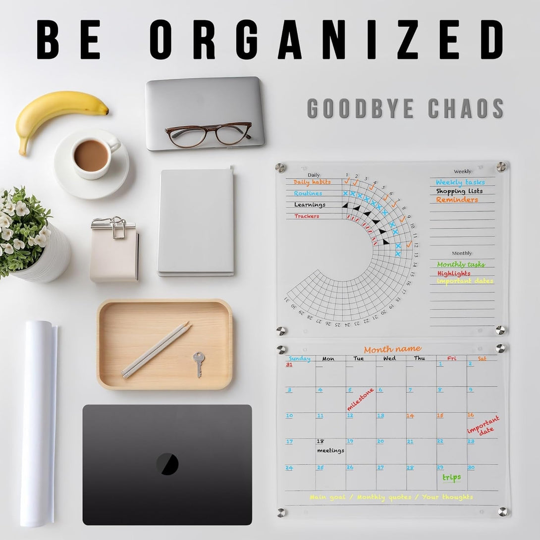 Acrylic Calendar and Habit Tracker Set - Clear Magnetic Calendar for Fridge - Clear Magnetic Planner for Refrigerator - Acrylic Dry Erase Board for Wall with Pens, Holder, Eraser - the Goal Tracker