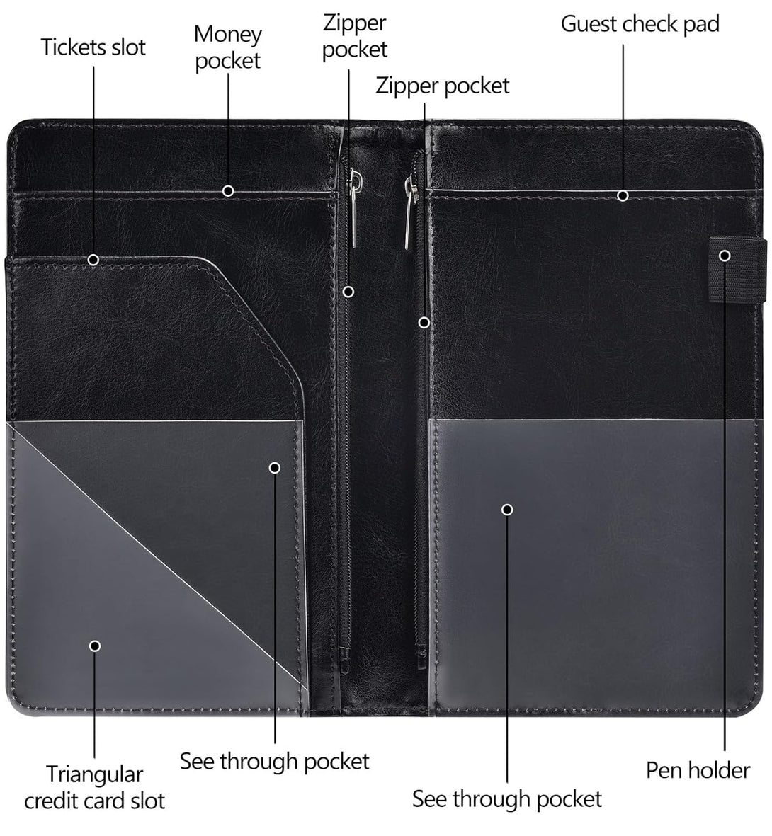 Server Books for Waitress - Leather Waiter Book Server Wallet with Zipper, Cute Waitstaff Organizer with Money Pocket Fit Server Apron（Classic Black）