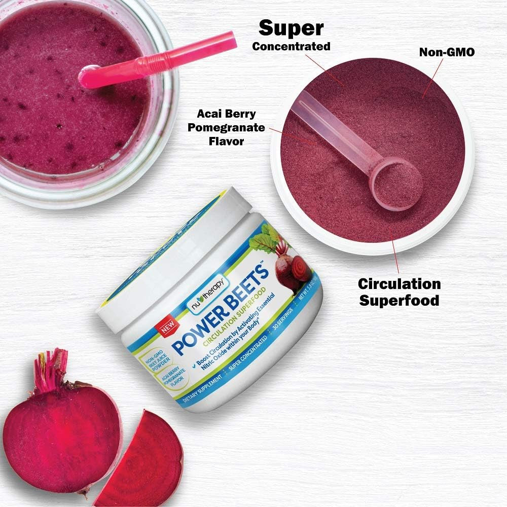 Nu-Therapy Power Beets - Super Concentrated Circulation Superfood - Dietary Supplement – Delicious Acai Berry Pomegranate Flavor – Non-Gmo Beet Juice Powder - 30 Servings, Red, 5.8 Ounce (Pack of 1)