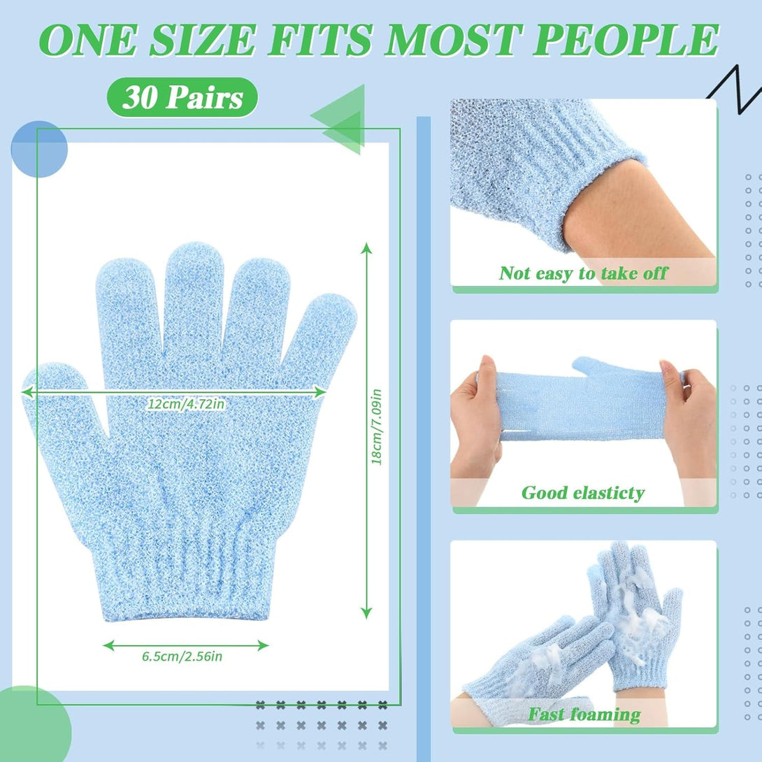 Ramede 30 Pair Exfoliating Glove Double Sided Exfoliating Bath Gloves Pack Nylon Colorful Shower for Men Women Beauty Spa Massage Shower Deep Clean Body Skin Bathing Scrubber Disposable(Sky Blue)