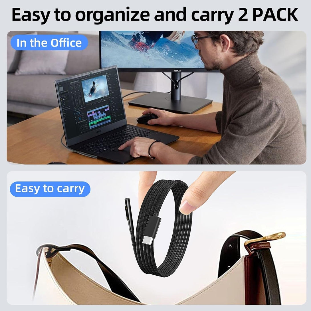 P45W USB-C Charger Cable 15V 3A Compatible with Microsoft Surface Pro 3/5/6/7Go3/2/1 Laptop 4/3/2/1 Type-C to Surface Nylon Braided Cable Power Supply - 2-Pack Black 6.6Ft