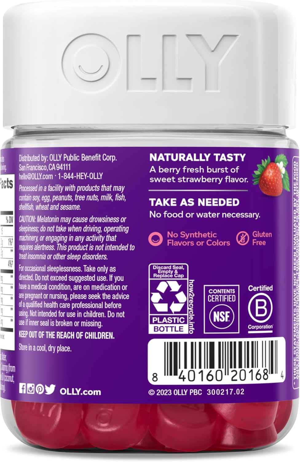 OLLY Sleep Gummy, 3 Mg Melatonin, L-Theanine, Chamomile, Lemon Balm, Sleep Aid, Strawberry, 60 Count