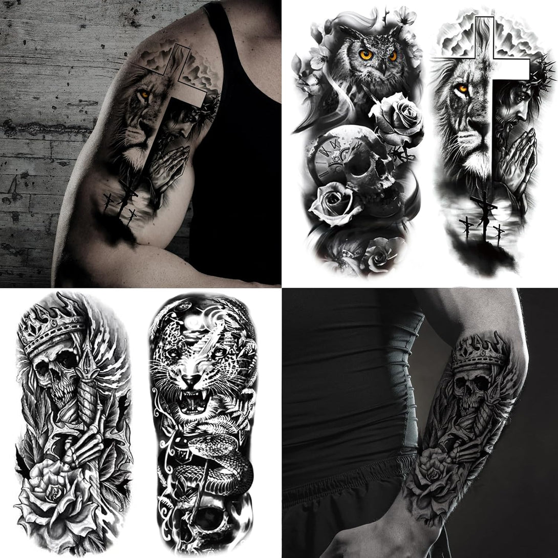 72 Sheets Temporary Tattoo for Men Women Adults, Include 12 Sheets Black 3D Half Sleeve Temporary Tattoos, Halloween Tattoos Scary Lion Wolf Tiger Skull Skeleton Tattoos Stickers