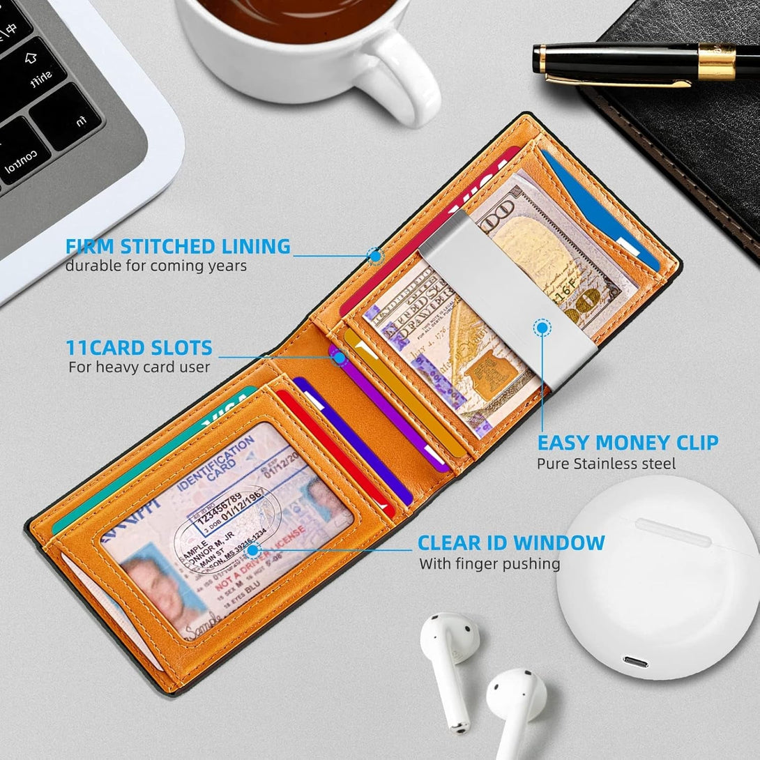 KS Mens Wallet Gift Airtag or Standard Use,Slim Front Pocket Leather Wallet Money Clip 11 Cards RFID Blocking