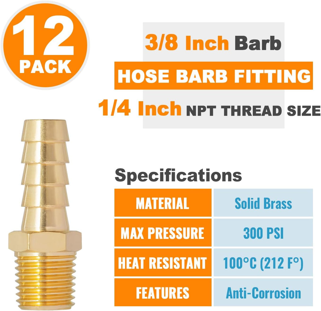 SUNGATOR 1/4" NPT to 3/8" Barb Hose Barb Fittings, Brass Air Hose Barb Fittings, 3/8" Barb to 1/4" NPT Male Thread Hose Barb Adapter Connector, Barbed Air Hose Repair Fitting Kit for Gas/Air (12 Pack)