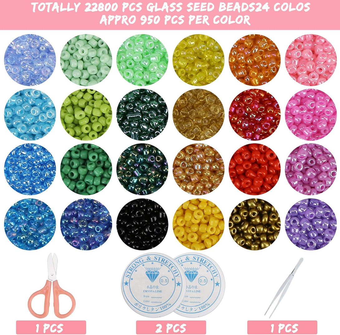 GREENTIME 22800Pcs Glass Seed Beads for Bracelets Making Kit, Small Craft Beads 11/0 Waist Beads for DIY Bracelet Necklaces Craft Making Supplies (24 Colors)