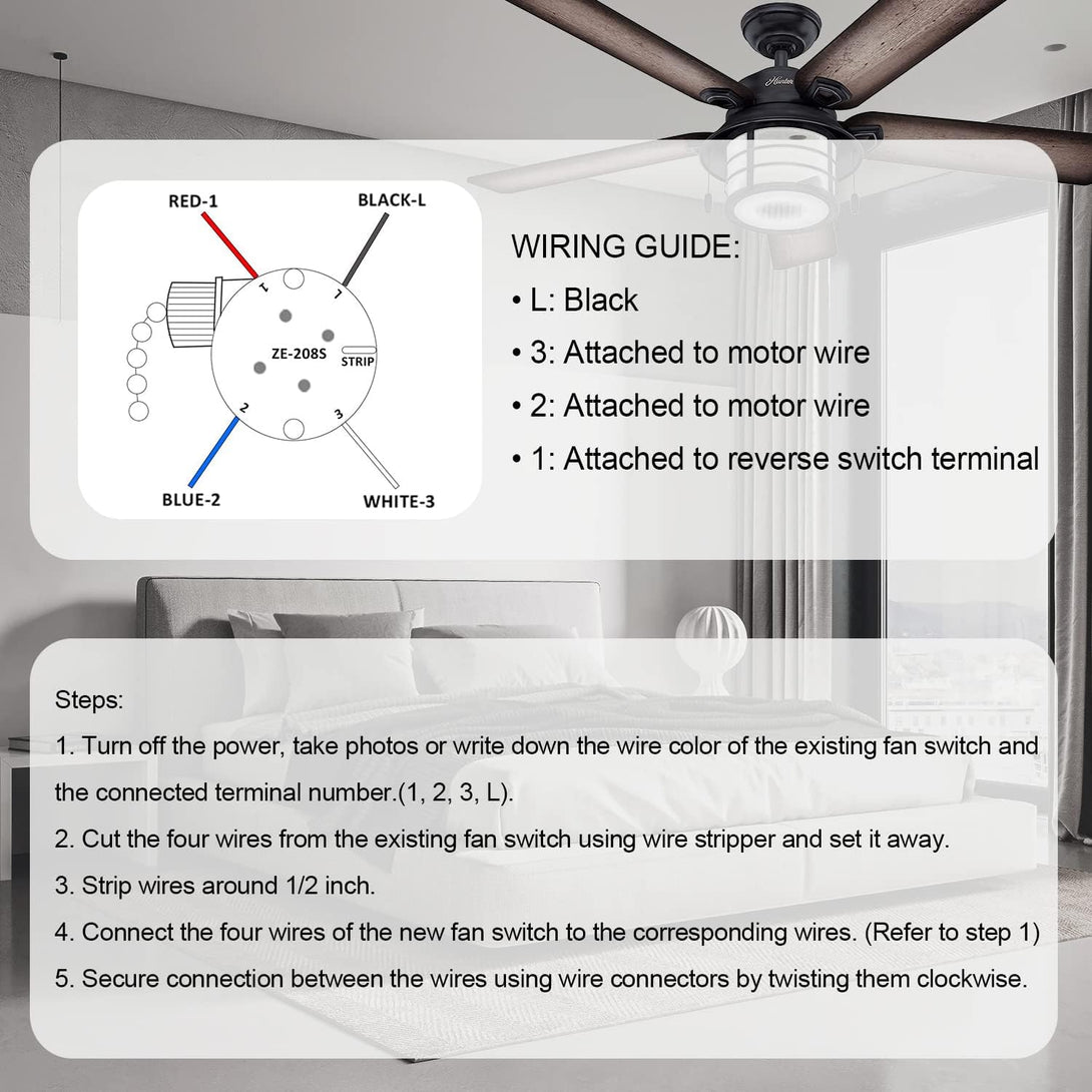 With 4 Pre-Installed Wires Ceiling Fan Switch 3 Speed 4 Wire, Ze-208S Zing Ear E89885 Fan Pull Chain Switch, Brass Chain