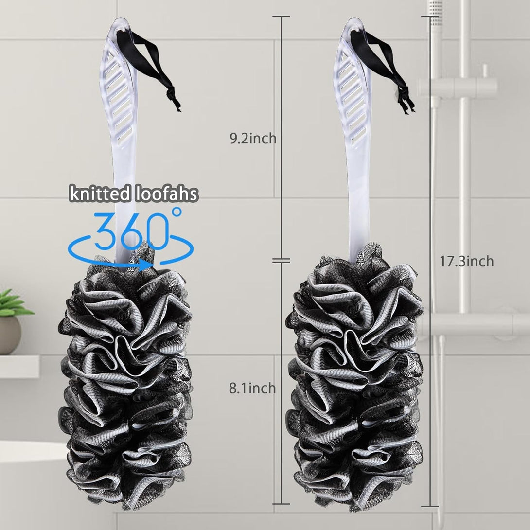 2Pack Back Scrubber for Shower, Dual-Sided Loofah on a Stick as Shower Brush Exfoliating Body with Long Handle, Loofah Sponge Mens Loofah Bathing Accessories for Women (2Pack Black)