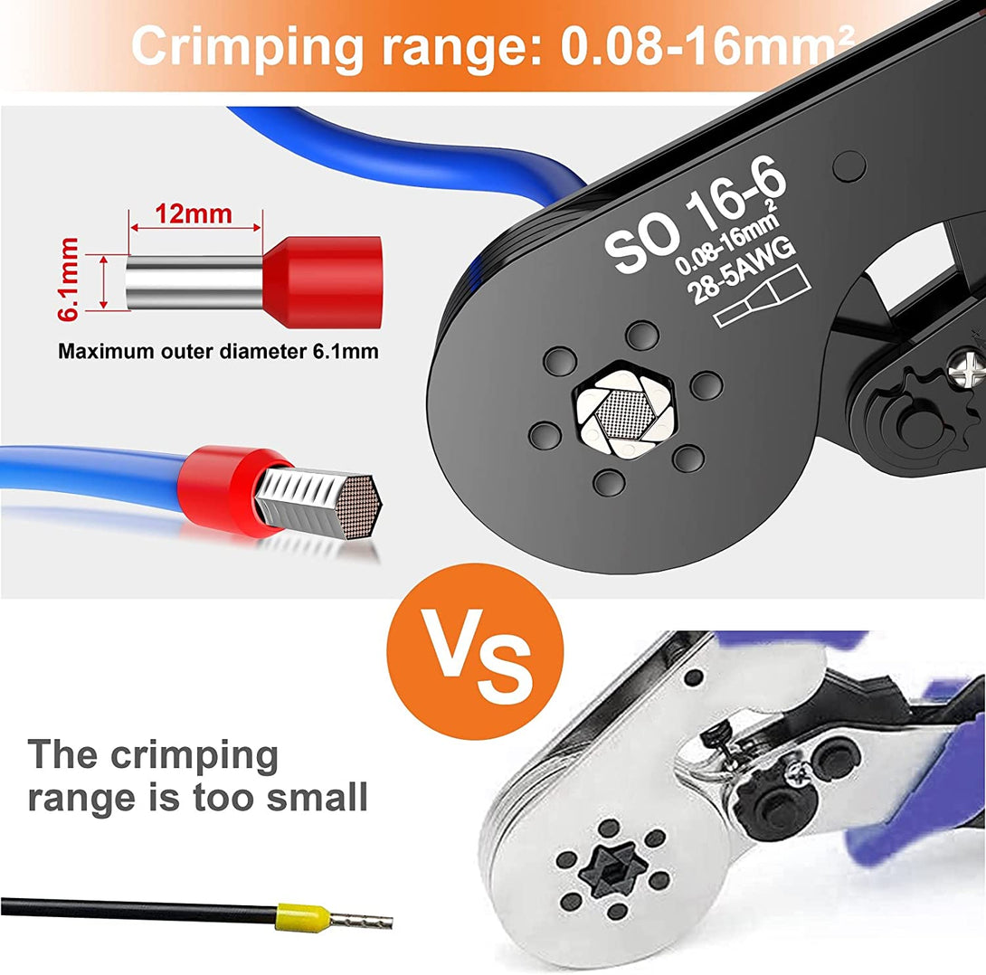 Hexagonal Ferrule Crimper, Preciva 16-6 Hexagonal Jaw Wire Crimping Pliers AWG 28-5 (0.08-16Mm²) Self-Adjustable Ratchat Wire Crimping Tools for Wire Terminals Cables End-Sleeves