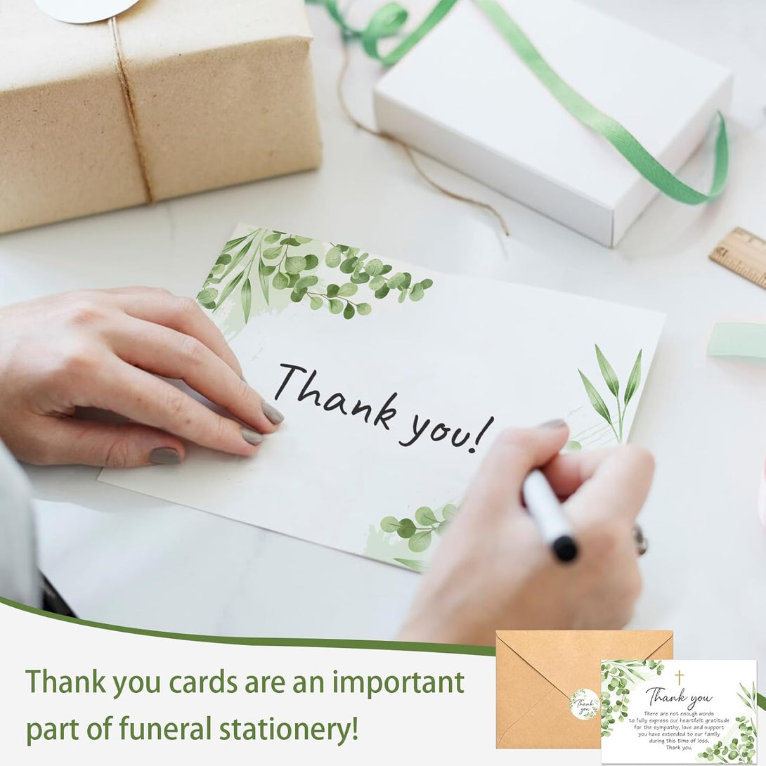 50Pcs Funeral Sympathy Thank You Cards with Envelopes and Matching Seal Stickers, Green Leaf Cross Bereavement Card with Message for Memorial Service Loved Ones Celebration of Life