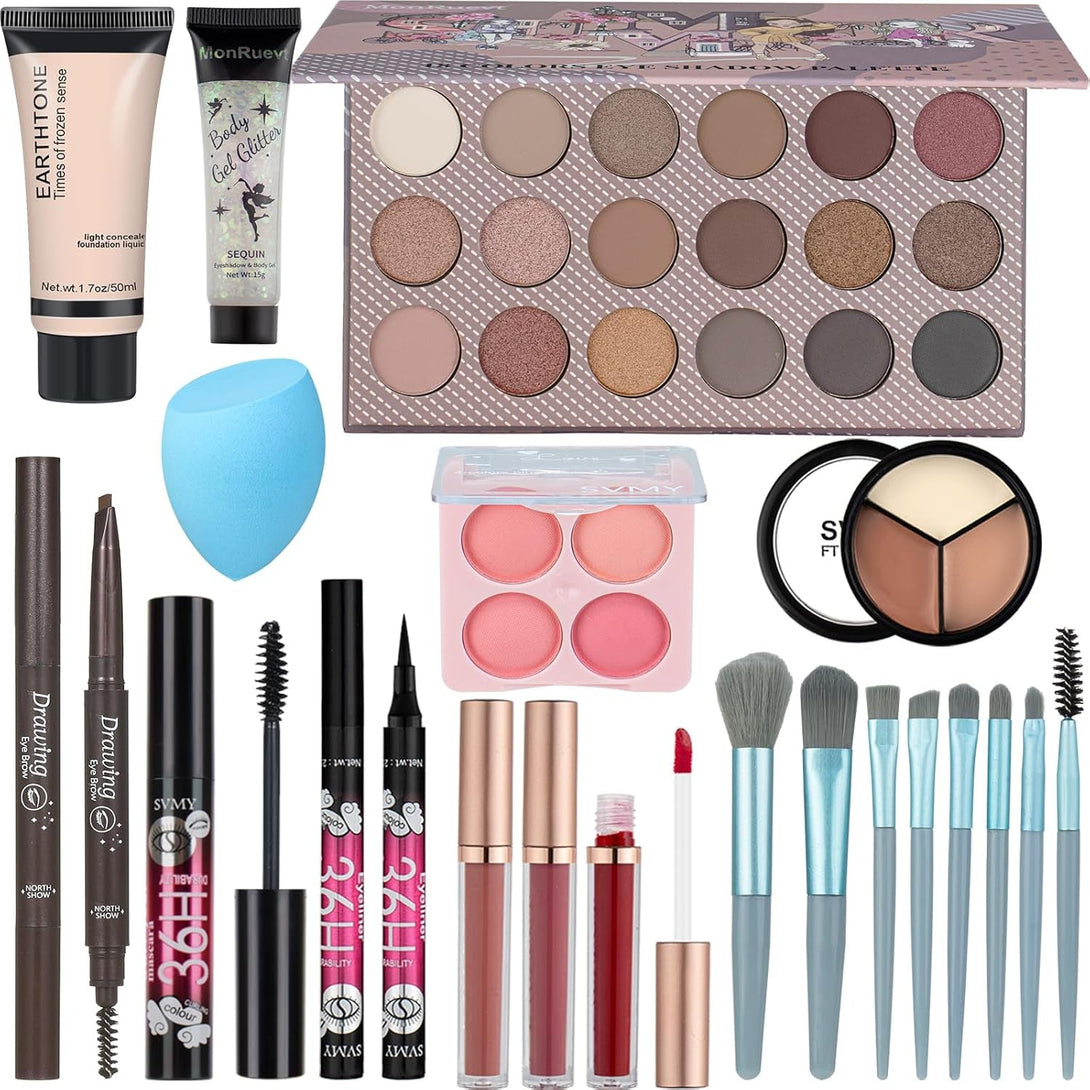 All in One Makeup Kit Includes18-Color Eyeshadow Palette Lip Gloss Brow Pencil Blush Concealer Foundation Mascara & Eyeliner with Travel-Friendly Tools for Everyday Glam