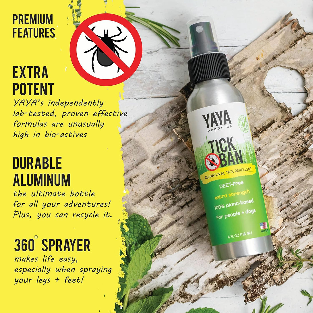 Yaya Organics Tick Ban | Extra Strength Tick Repellent Made with Essential Oils and All Natural, DEET Free Ingredients | Proven Effective, Safe for Adults, Kids and Dogs | 4 Ounce 2 Pack