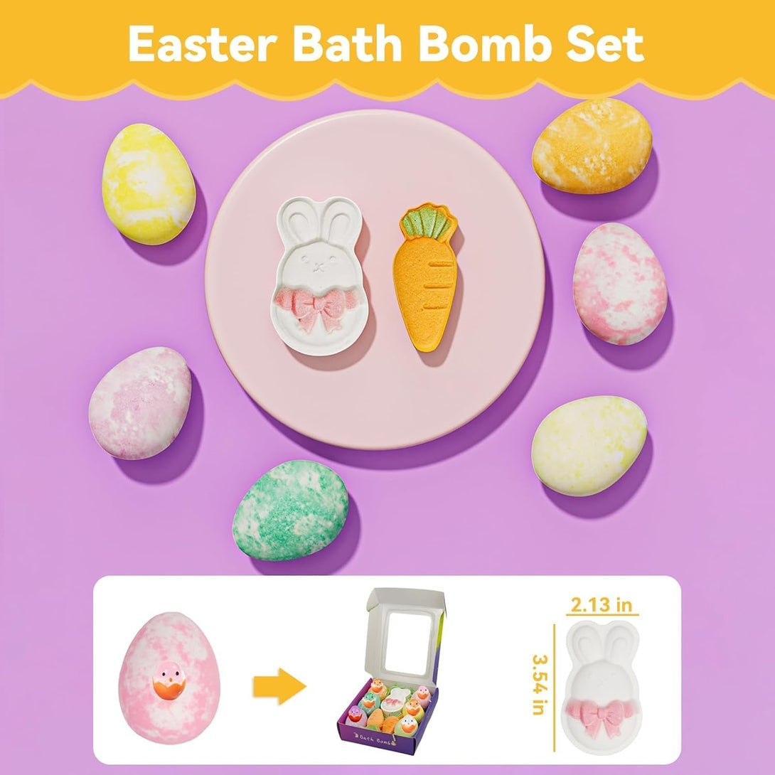 Easter Bath Bombs with Surprise Inside: 9 Pcs Natural Organic Egg Bunny Shaped Basket Stuffers for Kids Girls Boys Bubble Bathbombs Fruit Scented Spa Birthday Gift Set Party Favors Children Prize