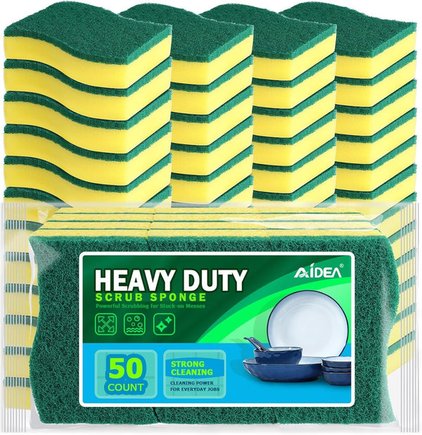 AIDEA Heavy Duty Scrub Sponge-50 Count, Cleaning Sponge, Kitchen Dish Sponge, Effortless Cleaning Eco Scrub Pads for Dishes,Pots,Pans All at Once