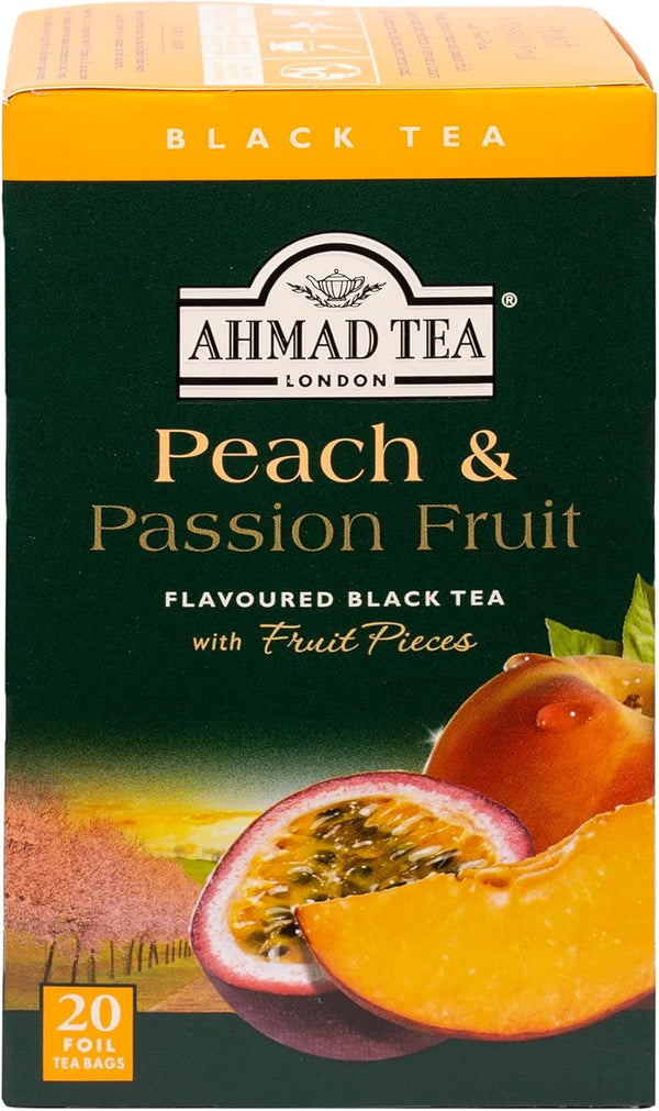 Ahmad Tea Black Tea, Peach and Passion Fruit Teabags, 20 Ct (Pack of 6) - Caffeinated and Sugar-Free