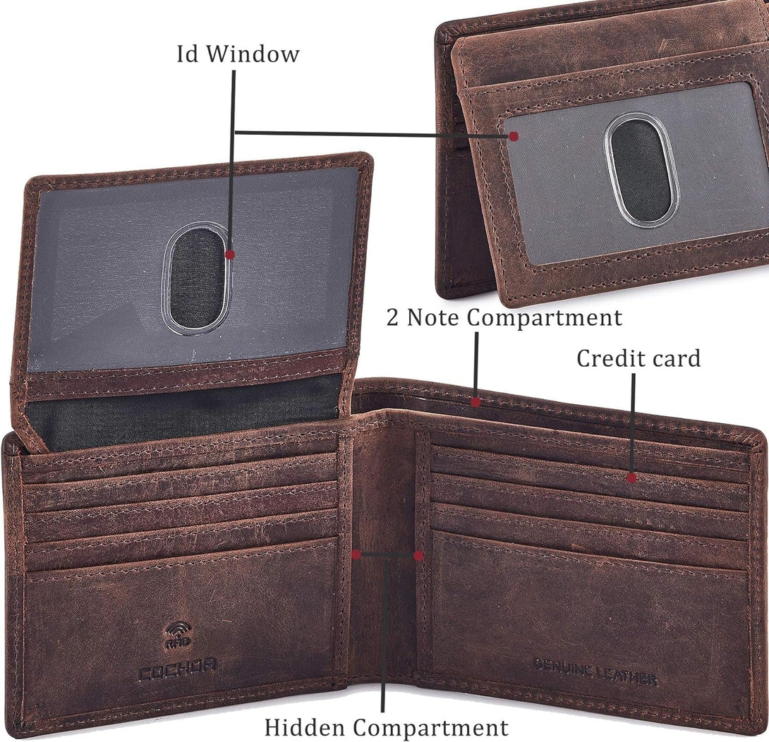 Cochoa Wallet for Men'S RFID Blocking Real Leather Bifold Stylish 2 ID Window in Gift Box