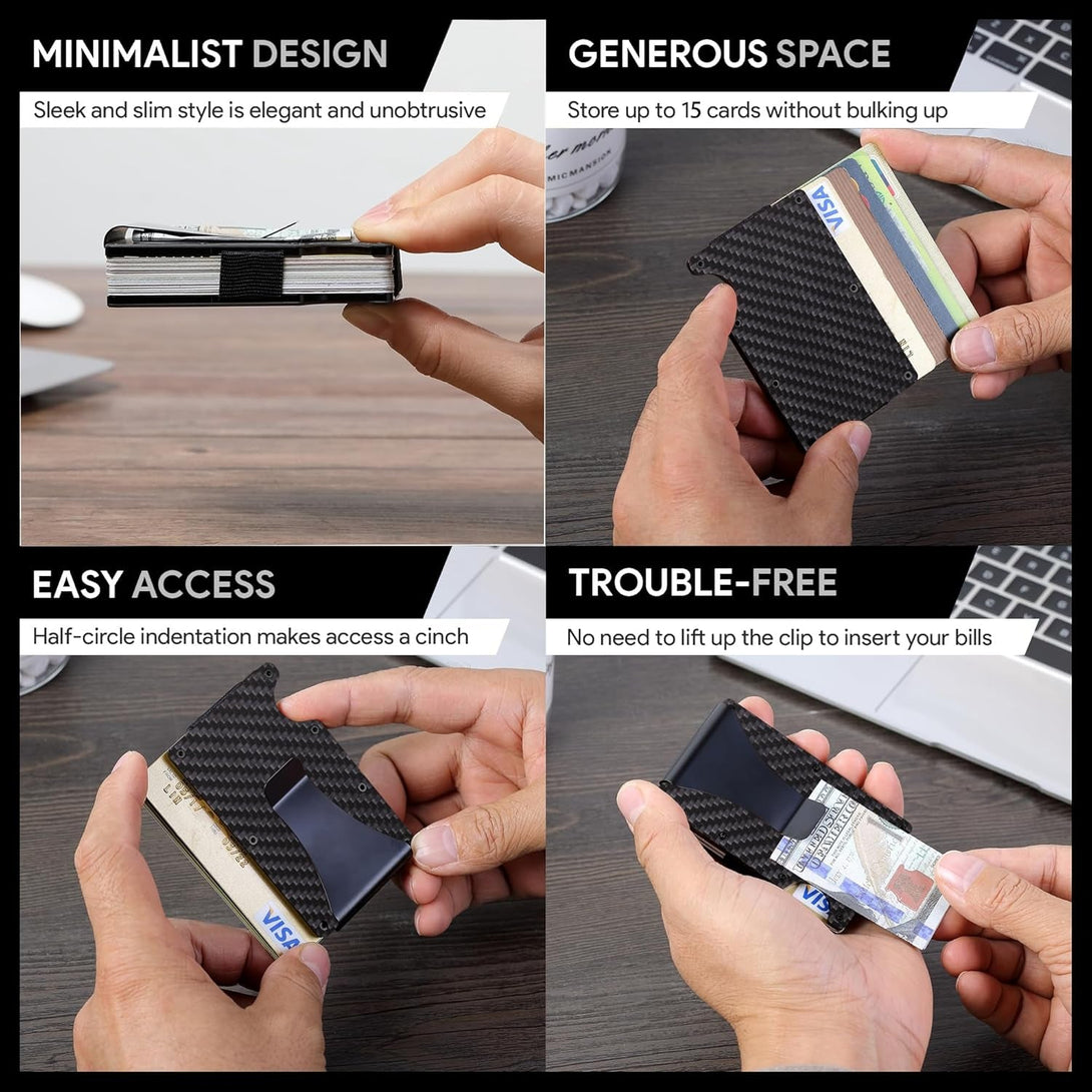 Carbon Fiber Minimalist Wallet for Men Credit Card Holder Money Clip & Cash Strap Slim RFID Mens Wallets