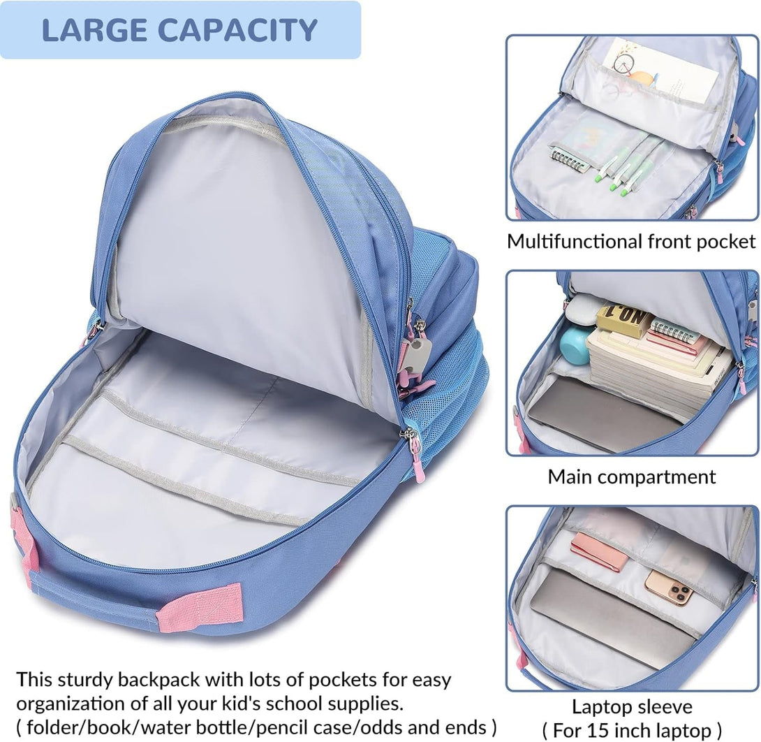 Water Resistant Backpack for Teen Girls Boys Students, Casual Multi Pockets Daypack with 15.6 Inch Laptop Pocket for Travel School College (Grey Blue)