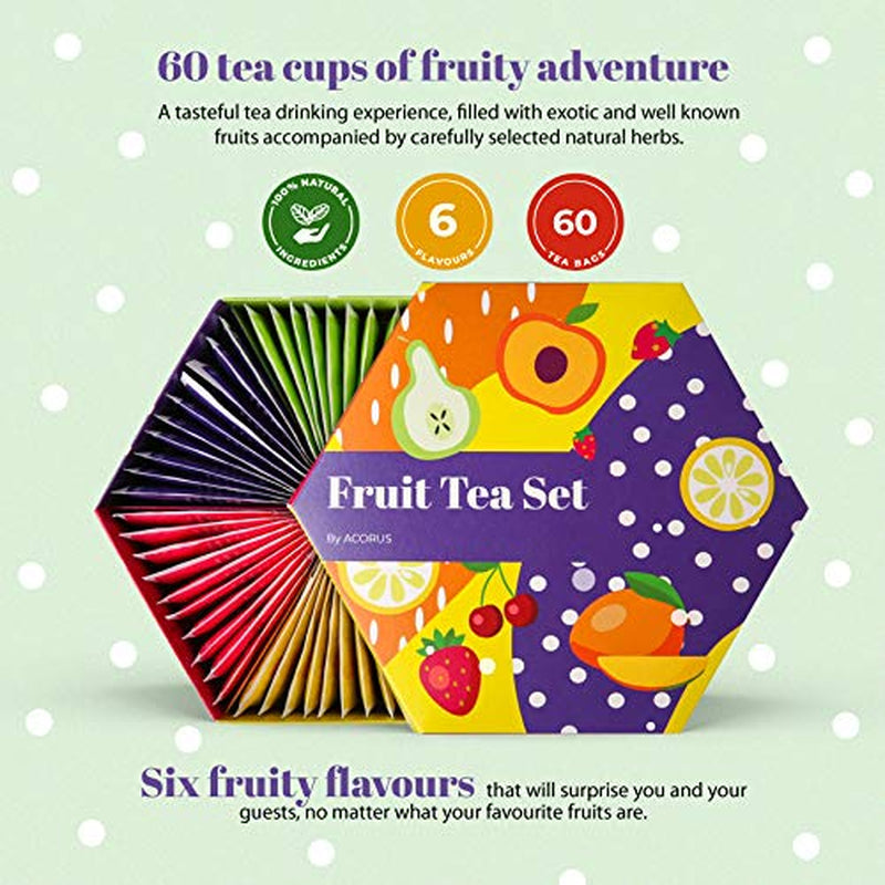 ACORUS Fruit Luxury Tea Set | Gift for Mother'S Day | Assorted Fruit and Herbal Teas Box | Tea Gift Sets | Large Variety Pack | Sampler 6 Flavors | 60 Tea Bags